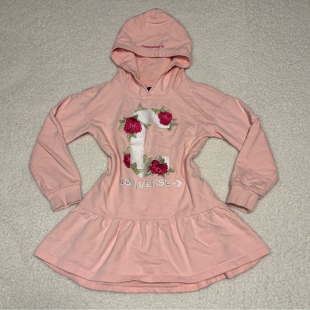 Converse Girls Pink Logo Embroidered Hooded Sweater Dress